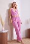 Pink Striped Lace Detailed Double Breasted Viscose Knitted Pajama Set Thmss26Pt00061