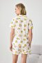 Ecru 100% Cotton Duck Patterned Ribbed Shorts Knitted Pajamas Set Thmss25Pt00300 - 4