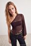 Dark Brown Single Sleeve Half Lined Party Tulle Blouse Tpraw27Bz00021