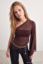 Dark Brown Single Sleeve Half Lined Party Tulle Blouse Tpraw27Bz00021 - 2