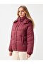 Burgundy Quilted Patterned Hooded Puff Coat with Pocket Detail - 3