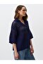 Navy Blue 100% Cotton Polo Neck Openwork Knitwear T-Shirt - 3