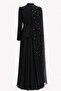 Exclusive Hijab Evening Dress with Cape and Pearl Detailing in Crepe-Chiffon Combination Black 1080 - 7