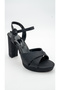 Black Satin Platform Sole Cross-Strapped Thick Heeled Women's Shoes Vi̇d02006 - 6