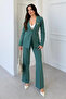 Green Women's Accessory Lined Single Button Blazer Jacket & Fabric Trousers Suit - 2