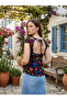 Women's Black V-Neck Purple Floral Back Low-cut Blouse - 2