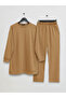 Crew Neck Slit Ribbed Set -Mink - 3