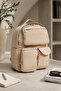 Beige Basic Multi-Compartment Unisex Backpack - 2