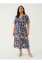 Women's Plus Size Dress Combed Cotton Short Sleeve V-Neck Buttoned Floral Pattern Midi Navy Blue