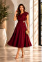 Stretchy Crepe Fabric Degaje Collar Padded Shoulders Gold Accessories Flared Cut Midi Length Burgundy Dress 77129 - 6