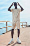 Men's Trendy Polo Collar Shirt Basic Linen Shorts Cream Two-Piece Set - 3