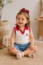 Baby Girl Cherry Embroidered Polo Collar Shorts Set of 2 – Summer Ribbed Blouse with Denim Look Ruffles - 2