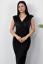 Double Breasted Collar Pulpayet Detail Sleeveless Crepe Dress Grs3820 - 2