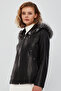 Audrey Women's Black Hooded Fur Leather Coat 23Wgd5120Ve - 2