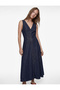 Seam Detailed Flounce Comfortable Fit V-Neck Sleeveless Long Denim Dress - 2