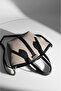 Women's Beige Suede Black Faux Leather Zippered Lined Hand and Shoulder Bag - 3