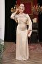 Bead Detailed Beige Hijab Satin Evening Dress 53361Bej - 2