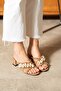 Anka Women's Straw Textured Pearl Thick Heel Tan Slippers Sandals - 4