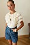 Women's Cream Ruffled Scallop Collar Detailed Ribbed Blouse - 3