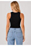 Women's Black Camisole Ribbed Halter Neck Flexible Casual Basic Blouse - 2