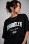 Women's Oversize 100% Cotton Brooklyn Printed Comfortable Fit T-Shirt - Black