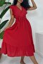 Off the Shoulder Ruffle Sleeves Elastic Waist Lace-Up Ayrobin Dress -Red