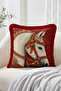 Ottoman Style Patterned Red and Black 4-Piece Fringed Throw Pillow Cover Set with Horse Figures - 4