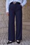 High Waist Pleated Navy Blue Palazzo Pants - 3
