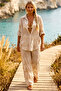 Italian Ecru Shirt Collar 3/4 Sleeve Lined Embroidered Wide Leg Woven Beach Bottom-Top Set 80-105 68-65 - 3