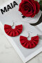 Women's Silver Color Hoop Dangle Earrings – Red Fabric Pearl Design - 4