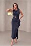 Double-Breasted Collar Women's Flounced Slit Square Stone Belted Navy Blue Wedding and Engagement Evening Dress - 4