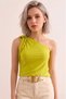 Women's Oil Green One-Shoulder Blouse with Gathered Detail and Floral Detail in Sandy Fabric - 4