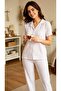White Color Tiny Heart Pattern Shirt Collar Milan Fabric Short Sleeve Women's Pajama Set - 5