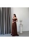 Brown Boat Neck Pleated Evening Dress - 2
