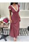 Women's Short Sleeve Deep V Neck Lace Detailed Floral Patterned Long Single Jersey Dress - 6
