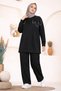 Women's Stoned Shoulder and Cuffed Sleeve Tunic-Pants Two-Piece Set