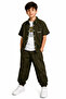 Boys' Good Mode Lettered Snap Closure Shirt Parachute Fabric Pants Hat Patterned Khaki Color Parachute Fabric Three-Piece Set