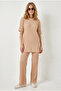 Women's Beige Corded Short Sleeve Top and Bottom Set Tkm-19000498