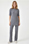 Women's Anthracite Ribbed Short Sleeve Top and Bottom Set Tkm-19000498 - 2
