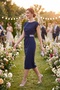 Women's Navy Blue Crew Neck Slit Midi Event Dress - 5