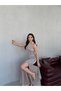 Stone Draped Halter Neck Glitter Evening Dress - 4