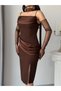 Brown Gloved Scarf Strap Midi Evening Dress - 5
