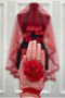 Red Bridal Veil Set, Glass Beads and Pearl Decorations, Henna Night Veil Face Cover Set 6 Pieces - 5