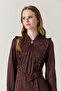 Brooch Detailed Ruffled Jacquard Brown Dress 0612 - 4