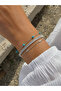 Aqua Triple Combination Silver Color Zircon Baguette Stone and Turquoise Bead Detailed Multi Combination Bracelet Set - 2