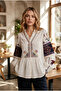 Women's White Ruffle Collar Snap Button Embroidered Cotton Blouse
