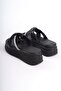 Clara Flat Heeled Ribbon Patterned Stone Thick and Orthopedic Sole Women's Slippers Cst - Black - 5