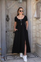 Women's Short Sleeve Round Neck Front Slit Pocket Viscose Long Dress - 3