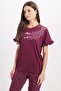 Women's regular fit classic cut 100% cotton ruffle detailed short sleeve printed plum pajama set - 2