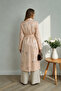 Women's Beige Double-Breasted Collar Patterned Belted Waist Pocketed Long Trench Coat Arm-26Y001105 - 2